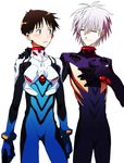  bad_id bad_pixiv_id blush bodysuit brown_hair closed_eyes grey_hair hand_on_own_chest hand_on_shoulder hosaka_dx ikari_shinji male_focus multiple_boys nagisa_kaworu neon_genesis_evangelion nervous plugsuit smile white_background 