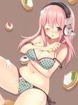  bare_shoulders blush bra breast_hold breasts cleavage cream deep_skin headphones holding kurasawa_moko large_breasts long_hair messy navel nitroplus one_eye_closed panties pink_eyes pink_hair polka_dot polka_dot_bra polka_dot_panties side-tie_panties solo strap_slip super_sonico tongue tongue_out underwear underwear_only whisk 