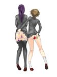  2girls anal anal_beads anal_insertion anal_object_insertion ass ass_grab body_writing brown_hair discreet_vibrator exhibitionism multiple_girls no_panties object_insertion purple_hair school_uniform skirt thighhighs uncensored vibrator ycgirl 