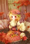  aki_minoriko aki_shizuha apple arinu autumn_leaves blonde_hair blush character_doll chestnut food fruit grapes hat highres looking_at_viewer mushroom persimmon pillow red_eyes short_hair sitting skirt_basket sleeves_past_wrists smile solo sweet_potato touhou wheat 