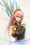  armband blue_eyes brooch character_name cocoaore headphones highres jewelry long_hair megurine_luka pink_hair sleeveless smile solo vocaloid 