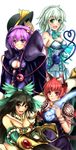  :3 akroma akroma_(cosplay) alternate_costume alternate_weapon animal_ears armor black_hair blush cat_ears cat_tail cleavage_cutout cosplay green_eyes green_hair heart highres hozenkakari kaenbyou_rin komeiji_koishi komeiji_satori long_hair magic:_the_gathering mirri mirri_(cosplay) multiple_girls multiple_tails purple_eyes red_eyes red_hair reiuji_utsuho restoration_angel restoration_angel_(cosplay) short_hair siblings sisters tail teysa_karlov teysa_karlov_(cosplay) third_eye touhou weapon 