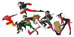  2girls 5boys bart_allen batgirl batman_(series) black_hair bodysuit brother brother_and_sister brothers brown_hair cape cassandra_cain dc_comics domino_mask flash_(series) flying food goggles gravel hamburger harley_quin harley_quinn hat impulse jason_todd jester_cap mallet mask multiple_boys multiple_girls red_hood red_hood_(dc) robin_(dc) running siblings sister superboy superman_(series) the_flash tim_drake wally_west young_justice 