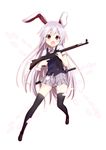  :o animal_ears assault_rifle black_legwear blush bunny_ears danmaku gun long_hair open_mouth plaid plaid_skirt purple_hair red_eyes reisen_udongein_inaba rifle saki_chisuzu short_sleeves skirt solo stg44 sword thighhighs touhou very_long_hair weapon white_background 