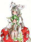  arm_strap bow conose ex-keine fujiwara_no_mokou hair_bow hime_cut horns japanese_clothes kamishirasawa_keine kimono light_smile long_hair long_sleeves multiple_girls puffy_long_sleeves puffy_sleeves red_eyes sitting tail touhou traditional_media watercolor_(medium) younger yukata 