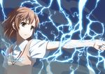  biribiri brown_eyes brown_hair electricity hair_ornament hairpin iyakun misaka_mikoto outstretched_arm school_uniform short_hair solo sweater_vest to_aru_kagaku_no_railgun to_aru_majutsu_no_index 