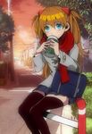  aqua_eyes bad_id bad_pixiv_id bag black_legwear building coat drinking hair_ornament lamppost neon_genesis_evangelion orange_hair power_lines ppera red_scarf road scarf shadow shoulder_bag sitting skirt solo souryuu_asuka_langley street telephone_pole thermos thighhighs tree vanishing_point zettai_ryouiki 