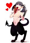  1girl ahoge bad_end bad_ending blood breasts castration collarbone fangs fellatio guro heart hearts holding knife licking minotaur monster_girl navel nipples open_mouth oral pain penis pointy_ears purple_eyes severed_penis simple_background small_breasts standing tail tongue tongue_out white_background 