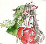  blush bow cheek_kiss conose dress ex-keine fujiwara_no_mokou green_dress green_hair grey_hair hair_bow horns kamishirasawa_keine kiss long_hair multiple_girls silver_hair squatting tail touhou traditional_media very_long_hair watercolor_(medium) younger 