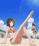  amami_haruka arm_support arms_up barefoot beach_umbrella bikini brown_hair carrying closed_eyes cloud day frilled_bikini frills front-tie_top futami_ami futami_mami green_eyes hair_ornament happy idolmaster idolmaster_(classic) inflatable_shark inflatable_toy leg_lift lens_flare multiple_girls navel open_mouth siblings sitting sky smile swimsuit twins umbrella 