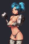  animal_print bikini blue_eyes blue_hair body_writing breasts cleavage collar cow_print cup elbow_gloves gloves highres instant_ip jug large_breasts league_of_legends milk milk_churn navel parted_lips revision skindentation solo sona_buvelle strap_gap sweat swimsuit tattoo thighhighs twintails underboob 