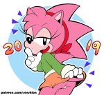  2019 alpha_channel amy_rose anthro bow butt clothing clothing_lift eulipotyphlan eyelashes female gloves half-closed_eyes hedgehog looking_at_viewer looking_back mammal open_mouth presenting pussy ribbons senshion simple_background skirt skirt_lift solo sonic_(series) sweater text transparent_background upskirt young 