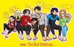  ... 3girls 4boys barbara_gordon barefoot bat_symbol batgirl batman_(series) belt black_bat black_hair blonde_hair blue_eyes bodysuit brother brother_and_sister brothers cape cassandra_cain damian_wayne dc_comics dick_grayson family glasses goshoku jason_todd kuronegro multiple_boys multiple_girls nightwing oracle orange_hair red_hood red_hood_(dc) red_robin robin_(dc) siblings sister sitting stephanie_brown tim_drake yellow_background 