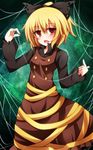  blonde_hair bow brown_dress brown_eyes creta_(taku10) dress hair_bow highres kurodani_yamame long_sleeves open_mouth shirt silk smile solo spider_web touhou 