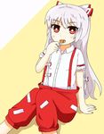  bow candy food fujiwara_no_mokou hair_bow kimineri lollipop long_hair open_mouth red_eyes ribbon silver_hair solo suspenders touhou 