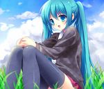  aqua_eyes aqua_hair bad_id bad_pixiv_id cloud day grass hatsune_miku long_hair nametakenoko open_mouth sitting sky solo thighhighs twintails very_long_hair vocaloid 