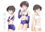  brown_hair crossdressing ebi-rom elbow_gloves gloves ikari_shinji male_focus midriff navel neon_genesis_evangelion otoko_no_ko short_hair translated white_background 