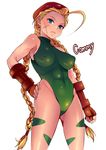  beret blonde_hair blue_eyes braid cammy_white fingerless_gloves gloves green_leotard hat highres irie_jun leotard long_hair skin_tight street_fighter street_fighter_iv_(series) thong_leotard twin_braids 