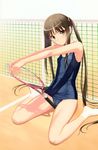  absurdres bare_shoulders brown_eyes brown_hair cameltoe covered_nipples fault!! flat_chest highres legs long_hair long_legs looking_at_viewer one-piece_swimsuit parted_lips petite racket scan school_swimsuit sitting socks solo sugiyama_mio swimsuit tanaka_takayuki tennis_net tennis_racket thighs twintails very_long_hair wariza white_legwear 