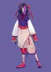  arms_at_sides chinese_clothes commentary contrapposto full_body long_sleeves looking_at_viewer medium_hair ofuda original purple_background purple_eyes purple_hair red_footwear shoes simple_background sleeves_past_wrists solo standing ukumo_uichi 