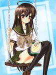  alastor_(shakugan_no_shana) black_eyes black_hair bread food jewelry long_hair lowres melon_bread non-web_source pendant piku school_uniform shakugan_no_shana shana swing thighhighs 