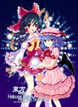  bad_id bad_pixiv_id black_hair blue_hair blush character_name cuteg detached_sleeves dress fang hakurei_reimu long_hair magic multiple_girls red_eyes remilia_scarlet short_hair socks touhou wings 