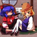  alcohol blush bowl brooch dress drunk expressionless extra_eyes gem geta hair_ornament hat holding jewelry leaf_hair_ornament long_sleeves looking_at_viewer moriya_suwako multiple_girls negija purple_dress red_dress red_eyes sake sitting sweater tabi thighhighs touhou white_legwear yasaka_kanako 