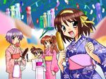  asahina_mikuru blue_kimono c-chaos corn festival floral_print ikayaki japanese_clothes kimono kyon_no_imouto multiple_girls nagato_yuki non-web_source pink_kimono print_kimono squid suzumiya_haruhi suzumiya_haruhi_no_yuuutsu white_kimono yukata 