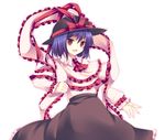  ascot bad_id bad_pixiv_id black_hat brown_skirt capelet cowboy_shot eyebrows frilled_capelet frilled_skirt frills hat hat_ribbon long_sleeves nagae_iku open_mouth pink_shirt purple_hair red_eyes red_frills red_neckwear red_ribbon ribbon scarf shirt short_hair skirt solo takase_kanan touhou 