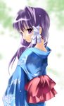 blush bow clannad closed_mouth expressionless from_side fujibayashi_kyou hair_ribbon japanese_clothes kimono looking_at_viewer looking_to_the_side obi purple_eyes purple_hair red_bow ribbon sash sidelocks solo upper_body white_ribbon 