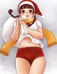  blush braid breath brown_eyes brown_hair buruma christmas gift gym_uniform hair_over_shoulder happy hat long_hair luna2 orange_scarf original santa_hat scarf snow solo twin_braids 