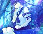  ame_yamori closed_eyes fish ground_vehicle headphones jellyfish long_hair original school_uniform serafuku sitting solo train_interior underwater water 