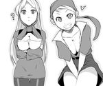  :&lt; ? bad_id bad_pixiv_id bandana breasts cleavage final_fantasy final_fantasy_tactics greyscale grin heart large_breasts long_hair monochrome multiple_girls ninja_(fft) pantyhose short_hair smile thief_(fft) tsukudani_(coke-buta) 