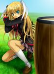  barrel blonde_hair blue_eyes blush bow gun hair_ornament little_busters! long_hair mutsuki_(moonknives) school_uniform skirt socks solo thigh_strap tokido_saya weapon 