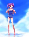  1girl backpack bag barefoot blue_eyes cloud day flat_chest looking_away one-piece_swimsuit original purple_hair randoseru school_swimsuit sky solo swimsuit twintails 