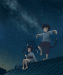  1girl animal_ears balancing barefoot black_eyes black_hair cat_ears cat_tail japanese_clothes kimono luna2 night original rooftop short_hair sky standing standing_on_one_leg star_(sky) starry_sky tail tanabata 