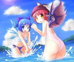  bikini blue_eyes blue_hair bow cirno day des hair_ribbon hat multiple_girls mystia_lorelei navel one-piece_swimsuit pink_hair ribbon short_hair side-tie_bikini splashing swimsuit touhou water wings yellow_eyes 