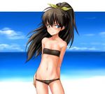  bikini black_hair blue_eyes blush day flat_chest ganaha_hibiki hair_ribbon idolmaster idolmaster_(classic) idolmaster_1 long_hair lowleg lowleg_bikini lowres navel ocean ponytail ribbon smile solo swimsuit tanisi_(hosimade) 