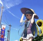  arms_up bangs blue_hair blunt_bangs cloud cowboy_shot day dutch_angle flower hair_tubes hairband hand_on_headwear hat ichikura_(bk) kannagi kooribata long_hair looking_at_viewer nagi outdoors pleated_skirt power_lines purple_eyes shade shaded_face sign skirt sky smile solo standing straw_hat sunflower telephone_pole white_skirt 