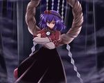  bococho hair_ornament leaf leaf_hair_ornament onbashira purple_hair rope shide shimenawa short_hair solo touhou yasaka_kanako 