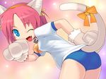  animal_ears bad_id bad_pixiv_id bell bell_collar cat_ears cat_tail collar copyright_request fang gym_uniform kusaka_kokage one_eye_closed pink_hair ribbon short_hair solo tail 