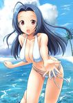  ahoge beach bikini blue_hair breasts cleavage day idolmaster idolmaster_(classic) idolmaster_live_for_you! large_breasts long_hair miura_azusa ocean open_mouth outdoors outstretched_hand red_eyes solo swimsuit takayaki water white_bikini 