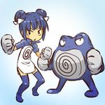  blue_hair blush_stickers clenched_hands double_bun gen_1_pokemon gloves hitec moemon open_mouth personification pokemon pokemon_(creature) poliwrath popped_collar simple_background standing thighhighs triangle_mouth zettai_ryouiki 