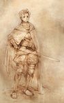  armor cape final_fantasy final_fantasy_tactics knight_(fft) male_focus monochrome piranosuke solo sword weapon 