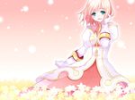  adjusting_hair blue_eyes blush dress estellise_sidos_heurassein flower flower_bed koto_(colorcube) pink_hair short_hair smile tales_of_(series) tales_of_vesperia 