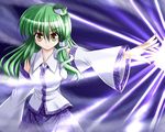  bare_shoulders blue_skirt bococho cowboy_shot detached_sleeves expressionless frog_hair_ornament green_eyes green_hair hair_ornament kochiya_sanae light_rays long_hair long_sleeves looking_at_viewer nontraditional_miko outstretched_arm skirt snake_hair_ornament solo standing touhou vest 