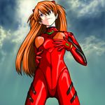  bangs blue_eyes bodysuit bracer breasts cloud cloudy_sky cowboy_shot eyes_visible_through_hair from_below gloves hair_ornament hand_on_hip hand_on_own_chest head_tilt legs_apart long_hair looking_at_viewer looking_down neon_genesis_evangelion nike_(0306) number orange_hair outdoors pilot_suit plugsuit skinny sky small_breasts smirk solo souryuu_asuka_langley turtleneck 