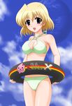  :3 :d bangs bikini blonde_hair blush bow breasts cleavage cleavage_cutout cloud covered_nipples cowboy_shot criss-cross_halter day earrings green_bikini halter_top halterneck highres holding hoop_earrings innertube jewelry looking_at_viewer lyrical_nanoha mahou_shoujo_lyrical_nanoha mahou_shoujo_lyrical_nanoha_a's medium_breasts moon o-ring o-ring_bikini o-ring_top open_mouth outdoors purple_eyes shamal short_hair sideboob sky smile solo standing swimsuit translation_request 