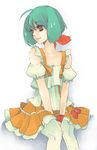  ahoge bad_id bad_pixiv_id bare_shoulders between_legs bracelet camisole detached_sleeves green_hair hand_between_legs jewelry looking_down macross macross_frontier orange_skirt pantyhose ranka_lee red_eyes shirt short_hair simple_background sitting skirt sleeveless sleeveless_shirt solo white_background white_legwear yuuko_(elmo) 