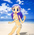  :d bad_id bad_pixiv_id beach bikini blue_eyes breasts cleavage cloud day eyebrows futari_wa_precure gofu medium_breasts navel open_mouth outdoors precure purple_hair side-tie_bikini sky smile solo swimsuit white_bikini yukishiro_honoka 